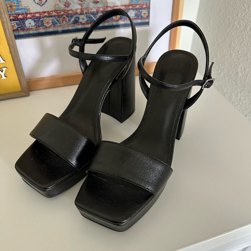 Black Faux Leather Block Heels with Square Toe